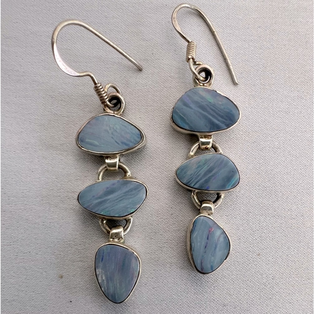 Gorgeous Australian Fire Opal triple drop sterling silver earrings